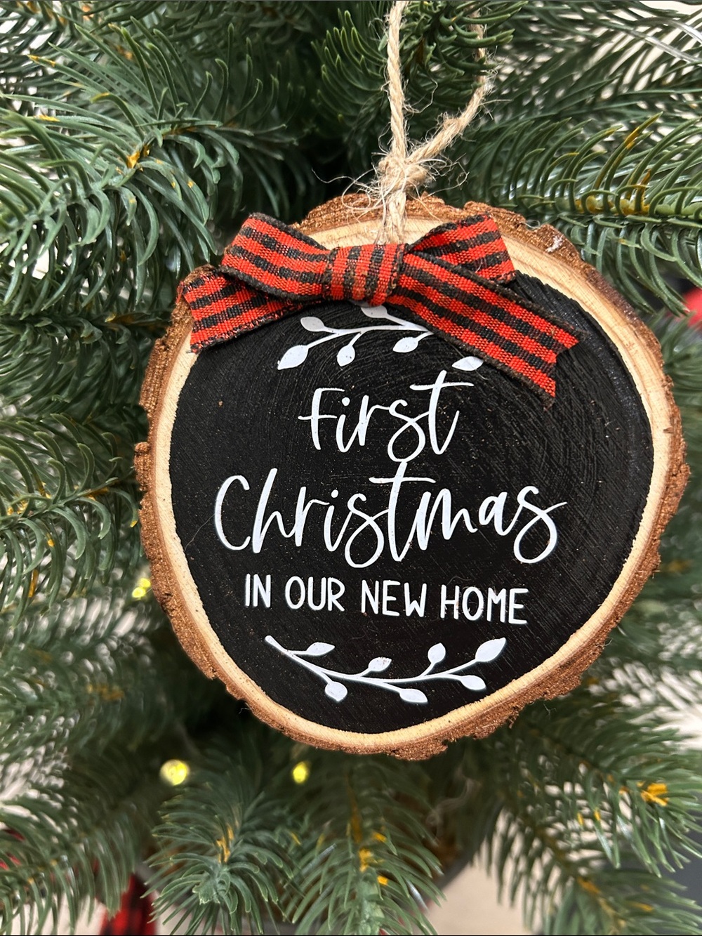 First Christmas in Our New Home Wooden Ornament - Black with Red Bow